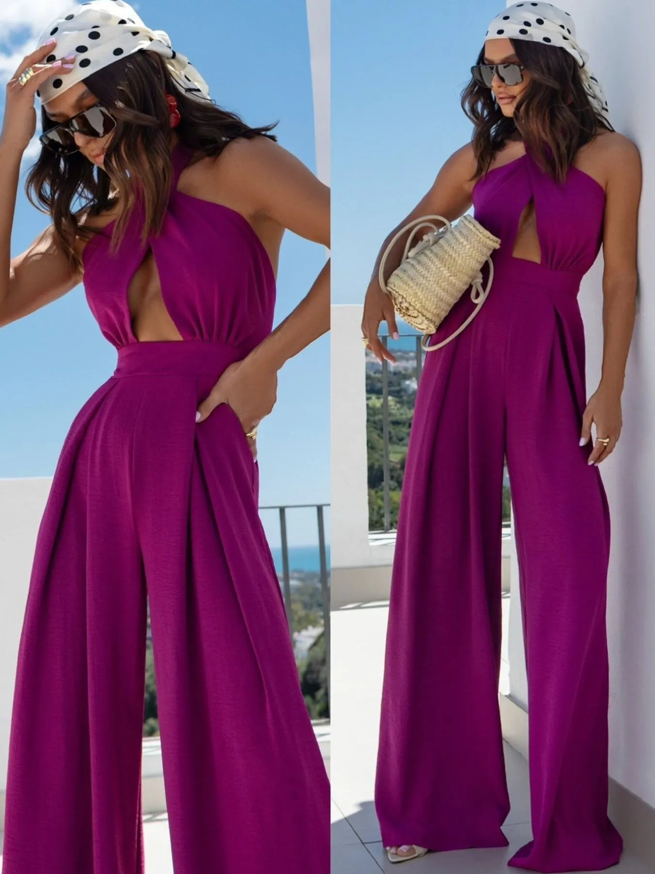 Front view of Wide Leg Cutout Halter Neck Jumpsuit in Purple showing neckline and sleeve details