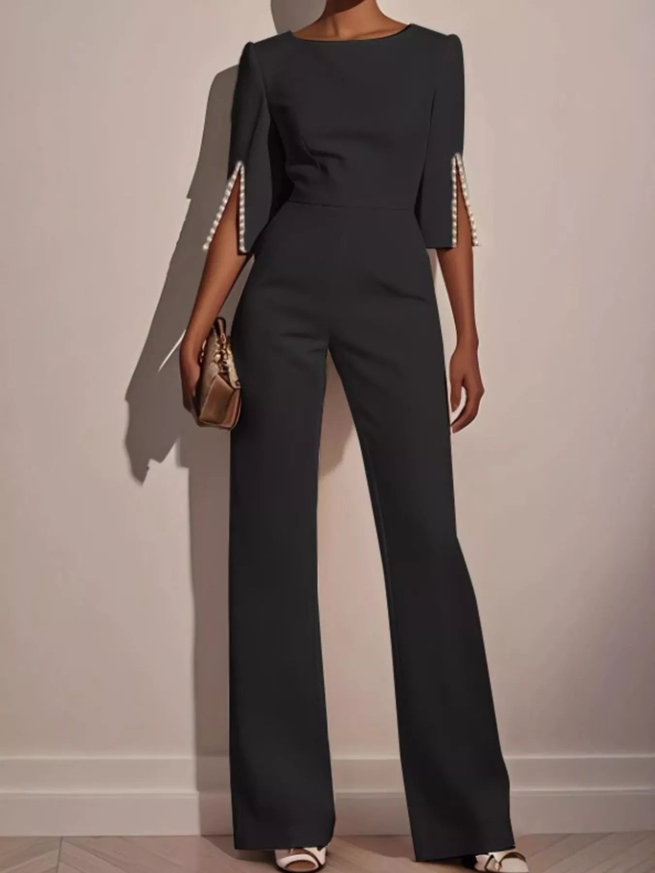 Front view of Wide-Leg Jumpsuit with Slit Sleeve in Black showing neckline and sleeve details