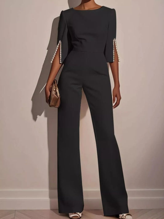 Front view of Wide-Leg Jumpsuit with Slit Sleeve in Black showing neckline and sleeve details