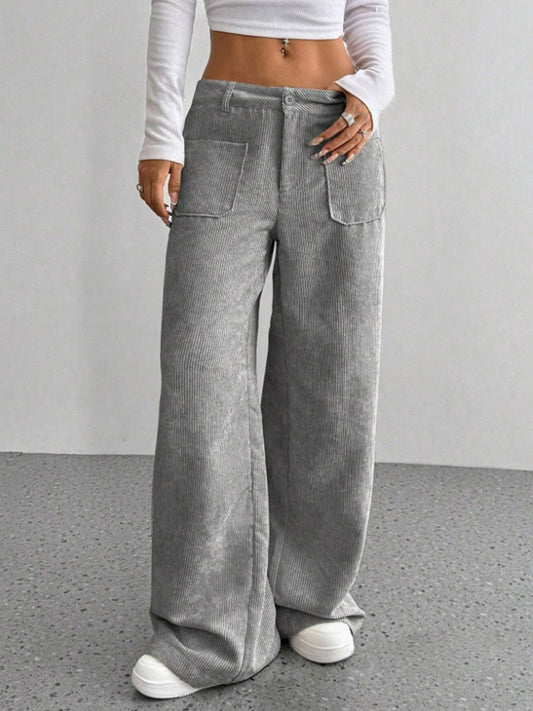 Front view of Wide Leg Pants with Pockets in Gray showing neckline and sleeve details (100% polyester Care instructions)