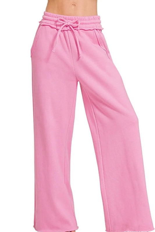 Front view of Zenana Fleece Exposed Seam Wide Leg Sweatpants in CANDY PINK showing neckline and sleeve details