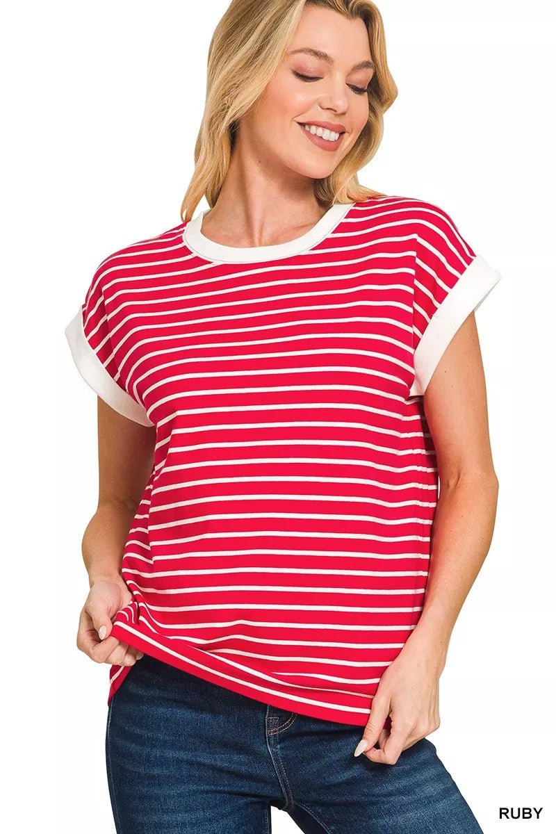 Zenana Full Size Contrast Trim Cap Sleeve Stripe Tee Plus Size - Rochelle's House LLC