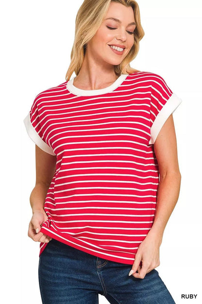 Zenana Full Size Contrast Trim Cap Sleeve Stripe Tee Plus Size - Rochelle's House LLC