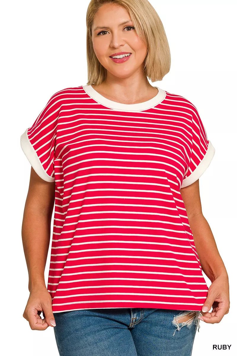 Zenana Full Size Contrast Trim Cap Sleeve Stripe Tee Plus Size - Rochelle's House LLC