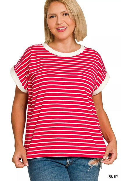 Zenana Full Size Contrast Trim Cap Sleeve Stripe Tee Plus Size - Rochelle's House LLC