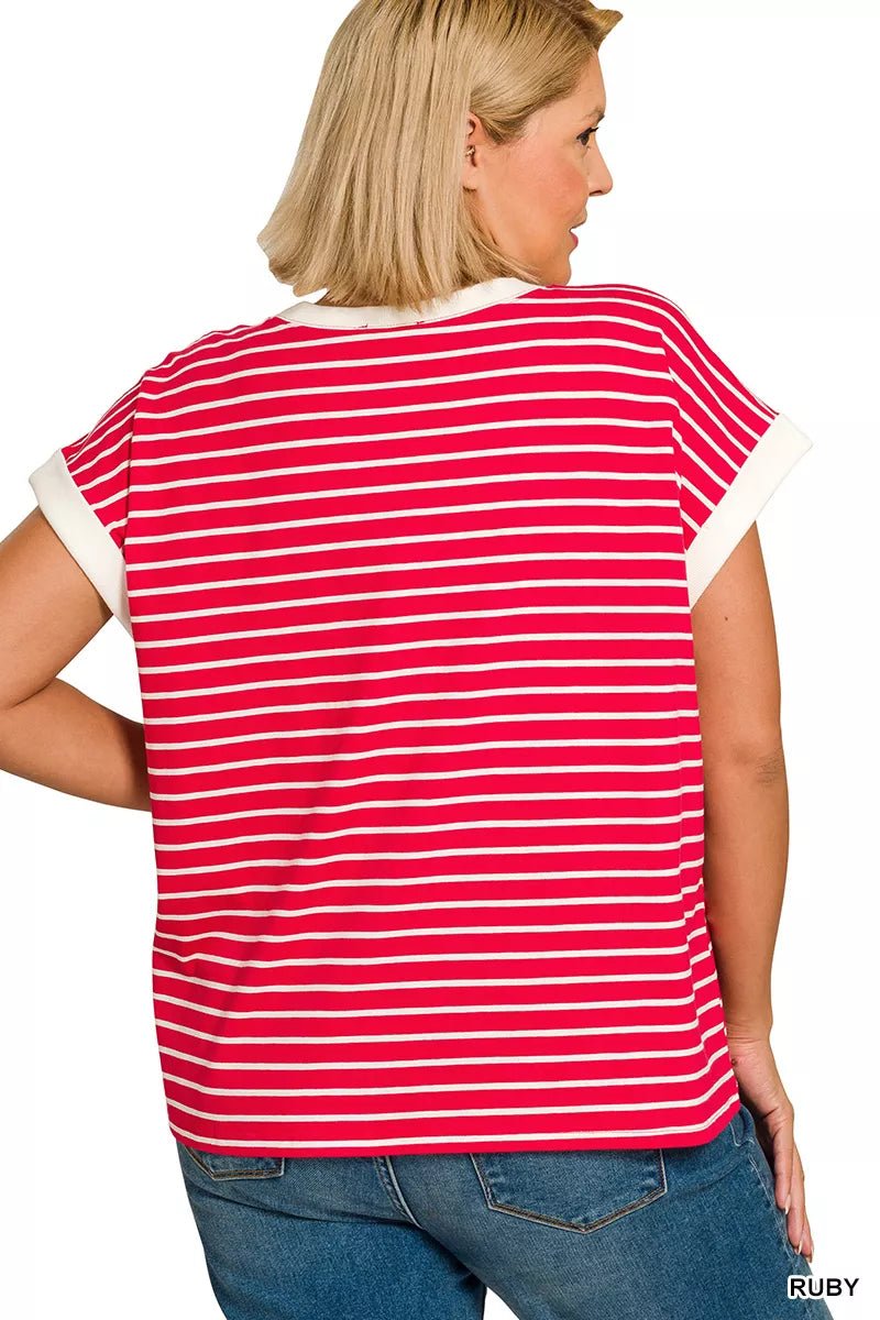 Zenana Full Size Contrast Trim Cap Sleeve Stripe Tee Plus Size - Rochelle's House LLC