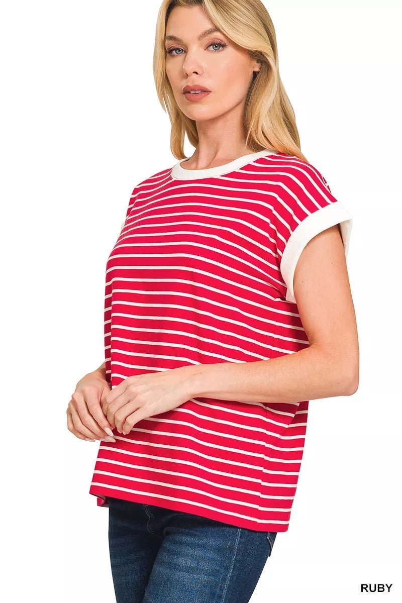 Zenana Full Size Contrast Trim Cap Sleeve Stripe Tee Plus Size - Rochelle's House LLC