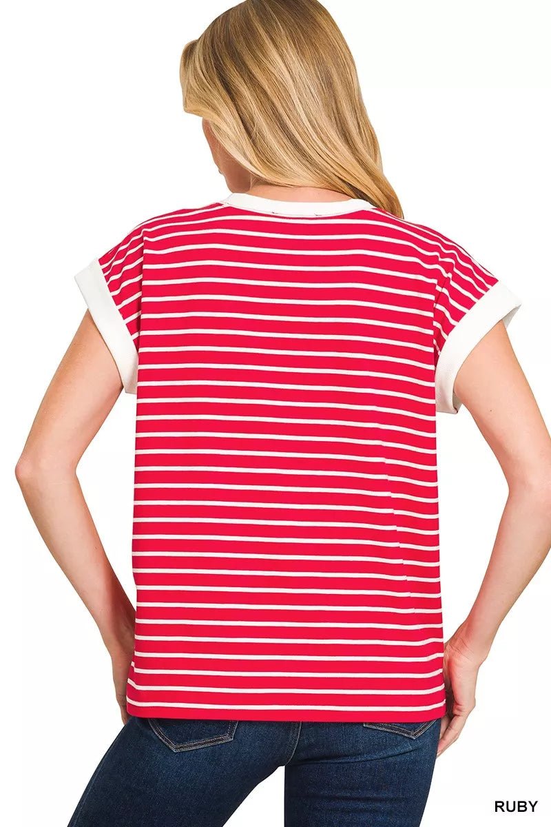 Zenana Full Size Contrast Trim Cap Sleeve Stripe Tee Plus Size - Rochelle's House LLC