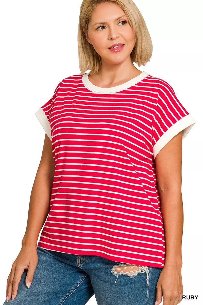 Zenana Full Size Contrast Trim Cap Sleeve Stripe Tee Plus Size - Rochelle's House LLC