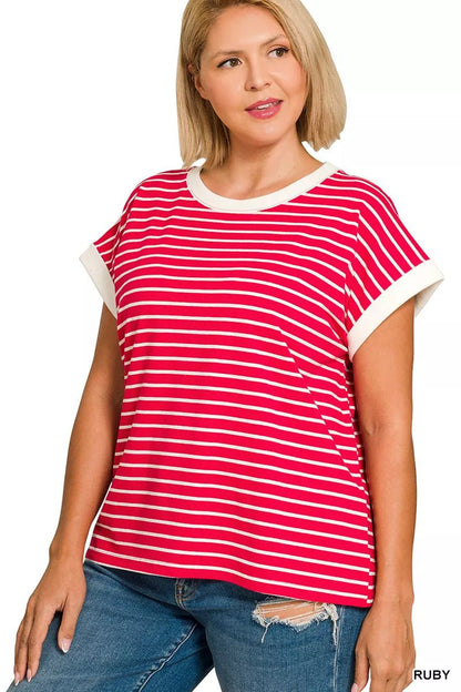Zenana Full Size Contrast Trim Cap Sleeve Stripe Tee Plus Size - Rochelle's House LLC
