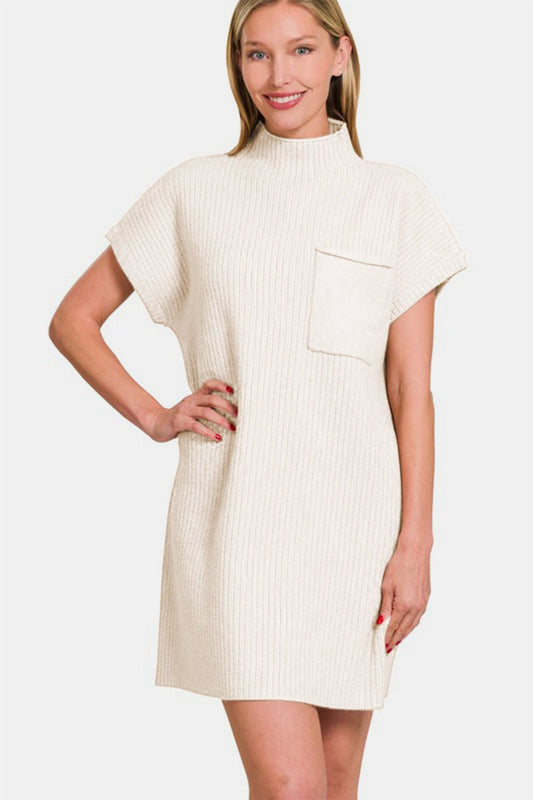 Front view of Zenana Short Sleeve Sweater Mini Dress in Ivory showing neckline and sleeve details