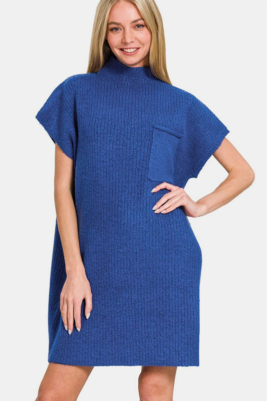 Front view of Zenana Short Sleeve Sweater Mini Dress in Navy showing neckline and sleeve details