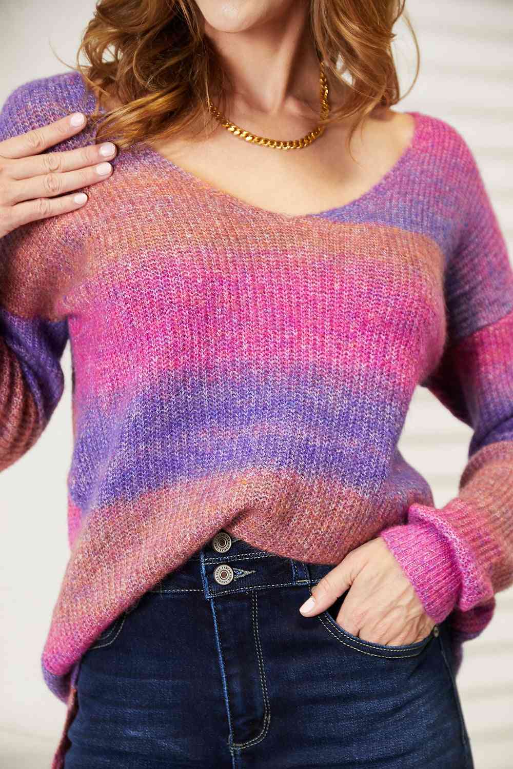 Double Take Multicolored Rib-Knit Pullover