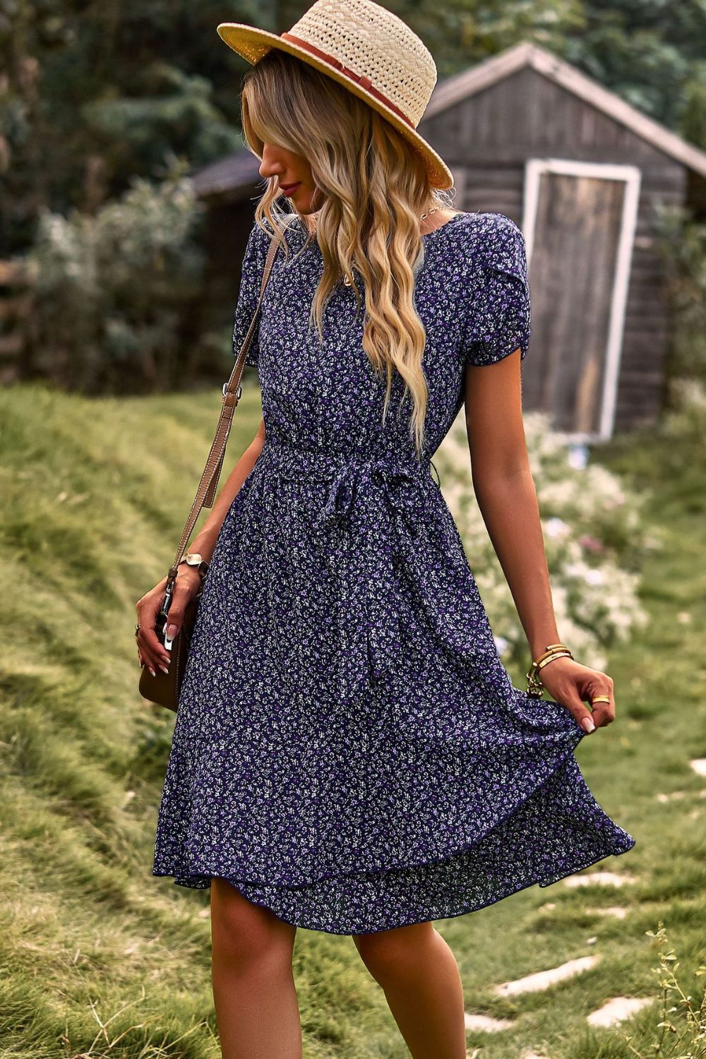 Floral Elegance - Belted Round Neck Petal Sleeve Mini Dress for Chic Occasions Navy