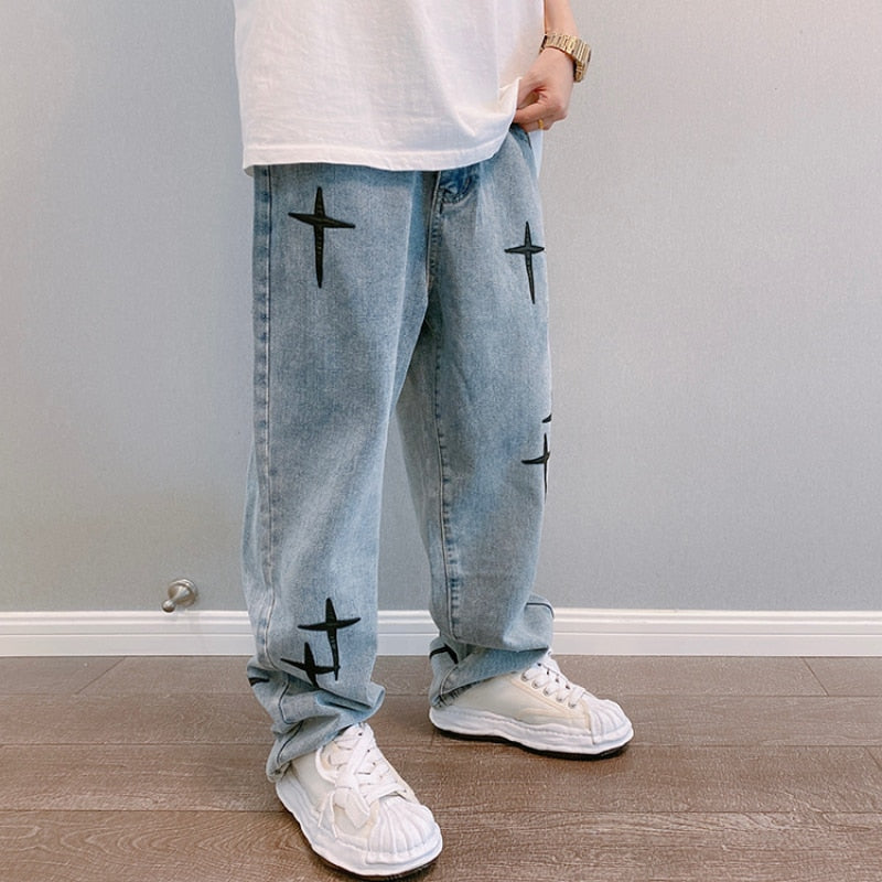 Embroidered Jeans Men's Straight Loose