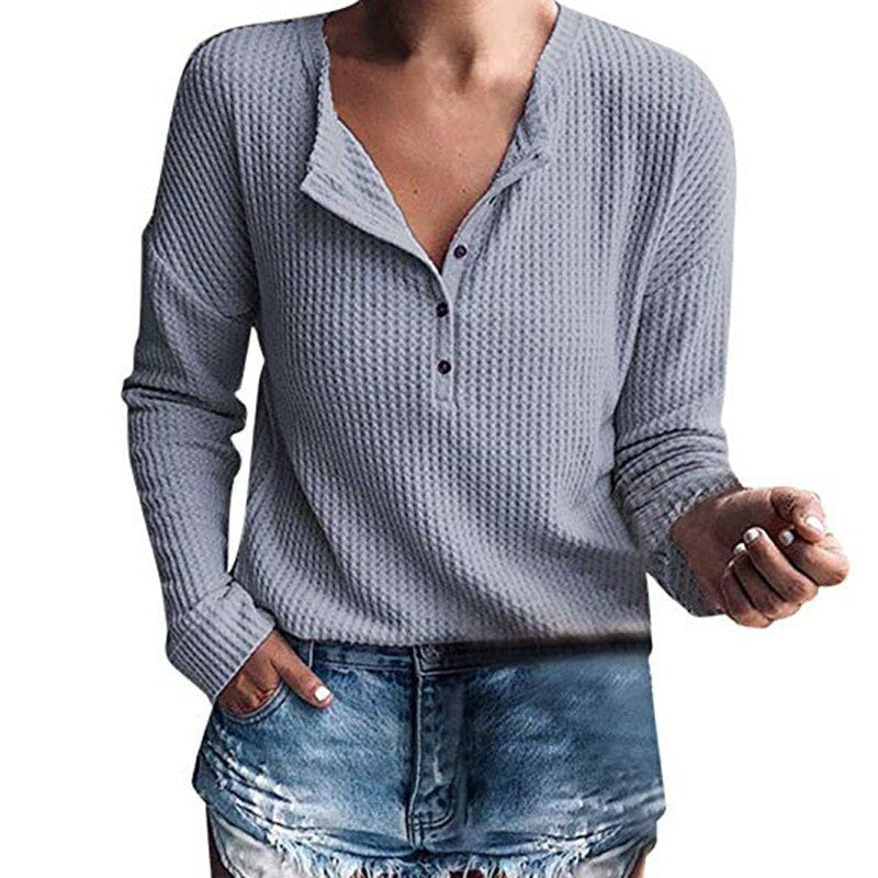 Women Fashion Knitted Long Sleeve V-neck T-shirt