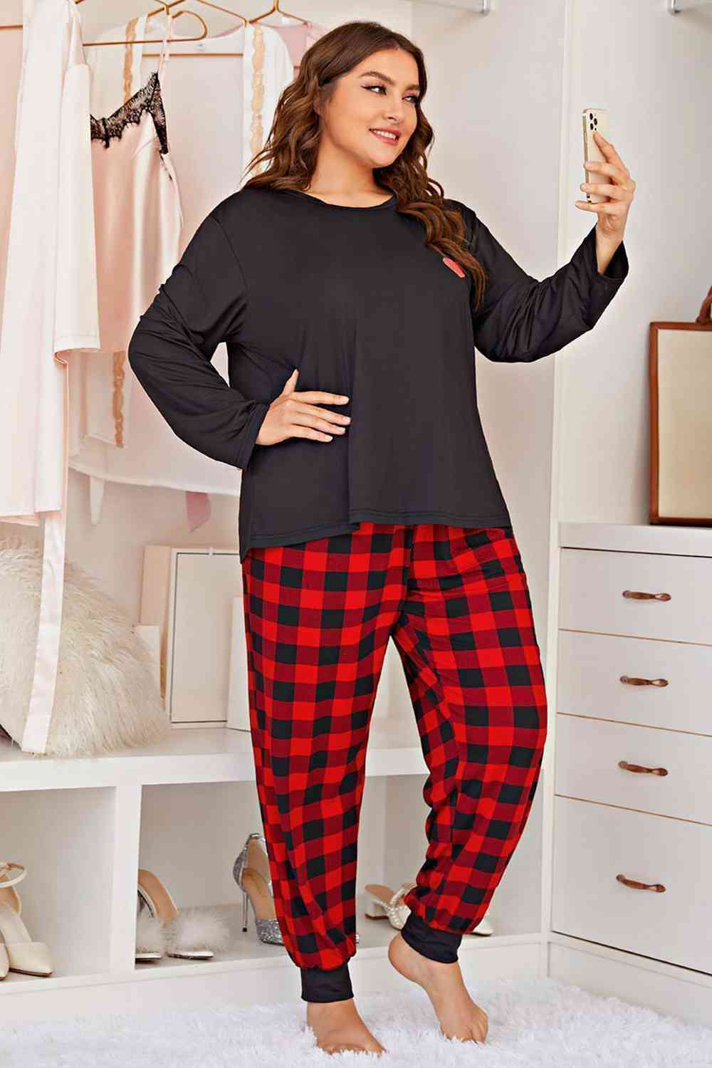 Heart Graphic Top and Plaid Joggers Lounge Set