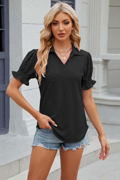 Eyelet Johnny Collar Short Sleeve Blouse