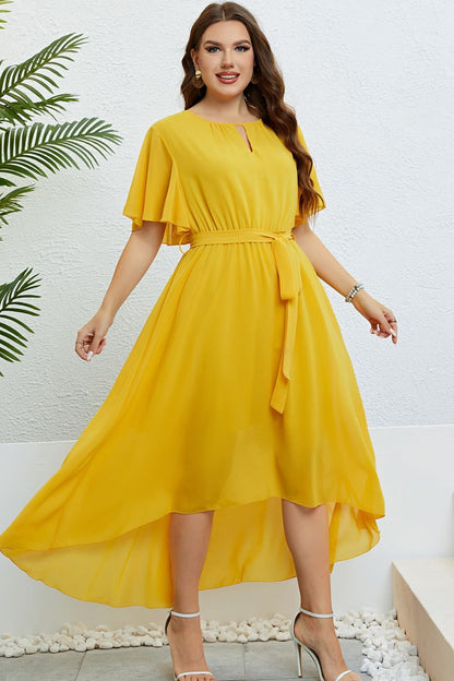 Belted Flutter Sleeve High-Low Dress for Chic Style