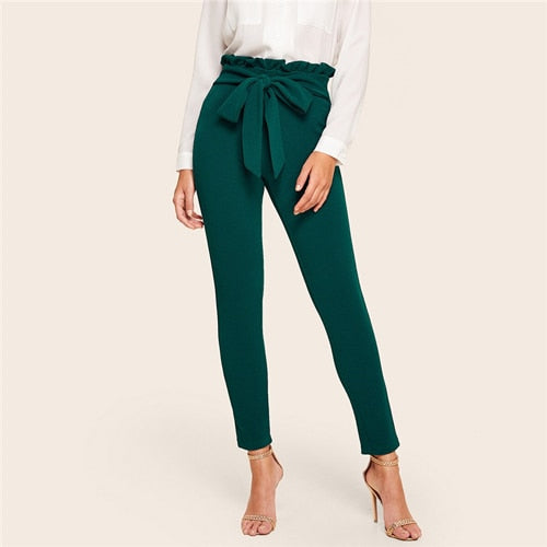 Elegant Frill Trim Bow Belted Detail Solid High Waist Pants