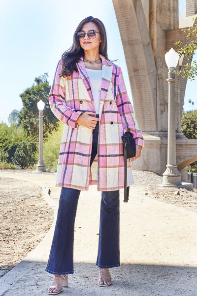 Double Take Plaid Button Up Lapel Collar Coat