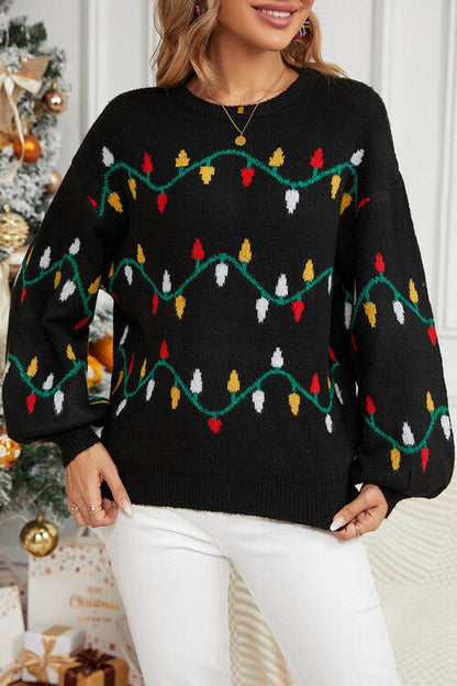 Round Neck Pattern Lantern Sleeve Sweater