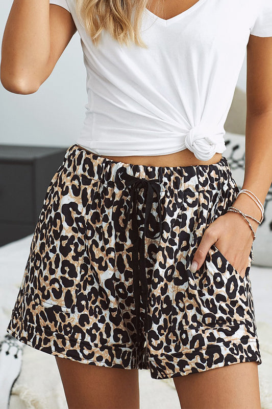Full Size Leopard Drawstring Waist Shorts