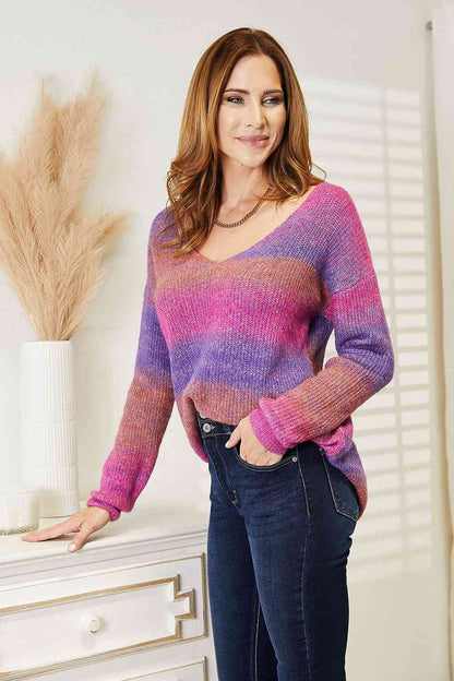 Double Take Multicolored Rib-Knit Pullover