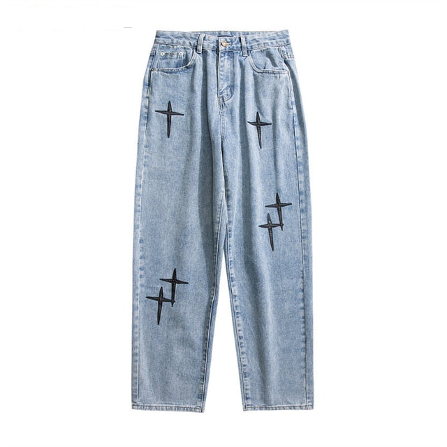 Embroidered Jeans Men's Straight Loose