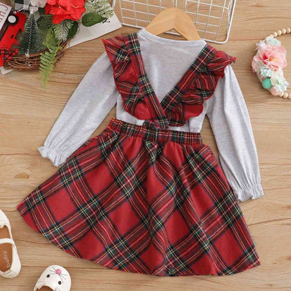Graphic Top and Plaid Overall Skirt Set