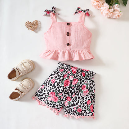 Ruffled Tank and Leopard Floral Girls Shorts Set