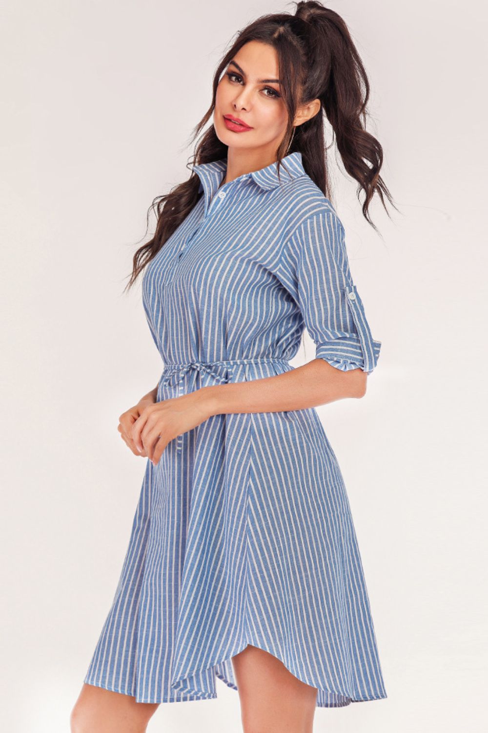 Striped Quarter-Button Roll-Tab Sleeve Shirt Dress