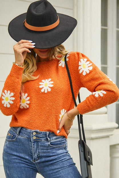 Flower Pattern Short Sleeve Pullover Sweater