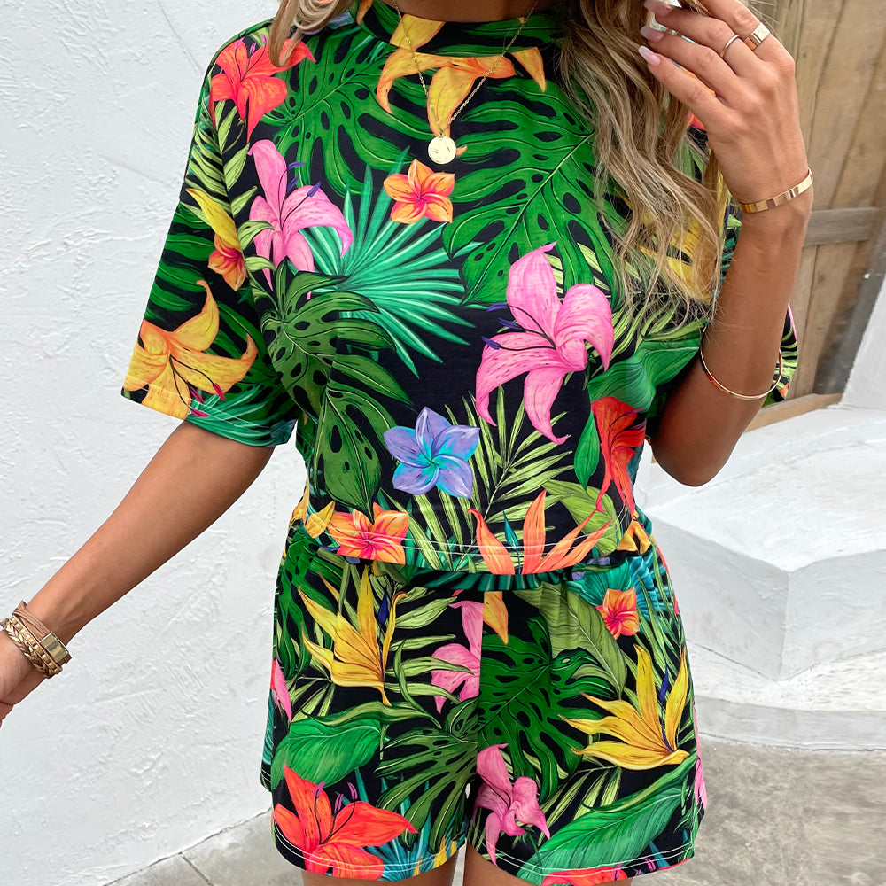 Tropical Print Dropped Shoulder Top and Shorts Set