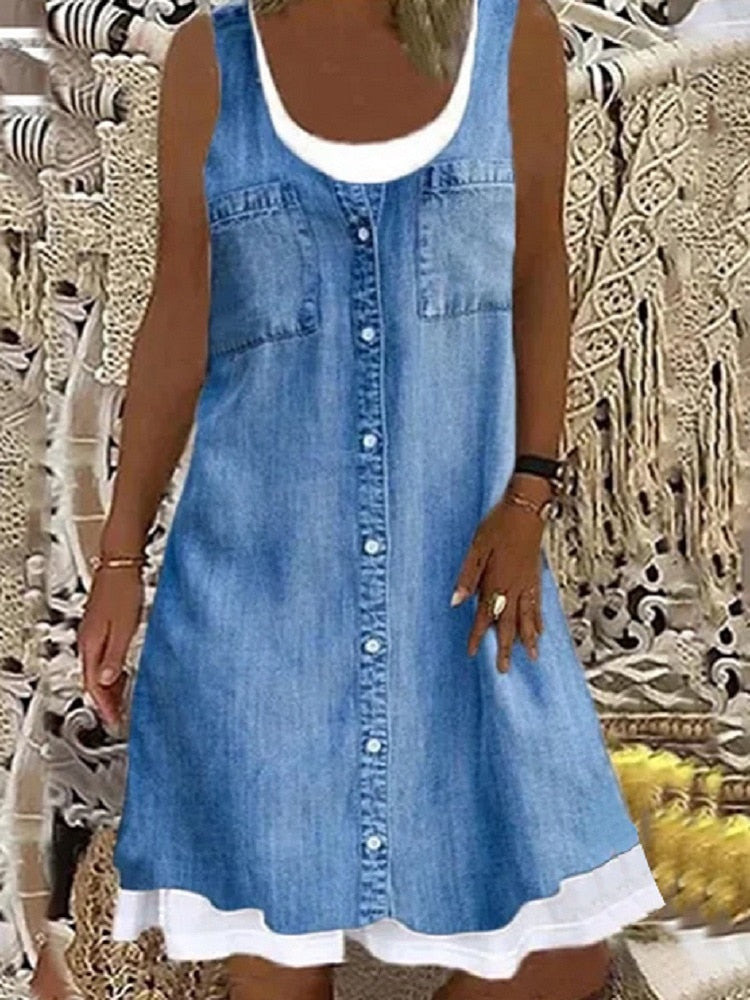 Denim Printed Two-piece Sleeveless Casual