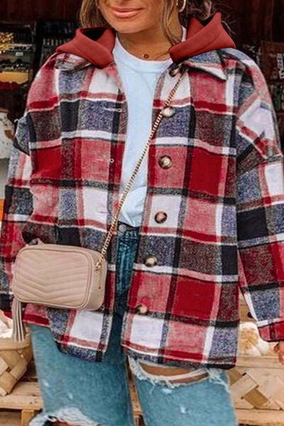 Plaid Plus Size Plaid Button Up Hooded Jacket