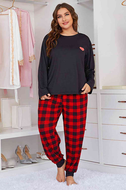 Heart Graphic Top and Plaid Joggers Lounge Set