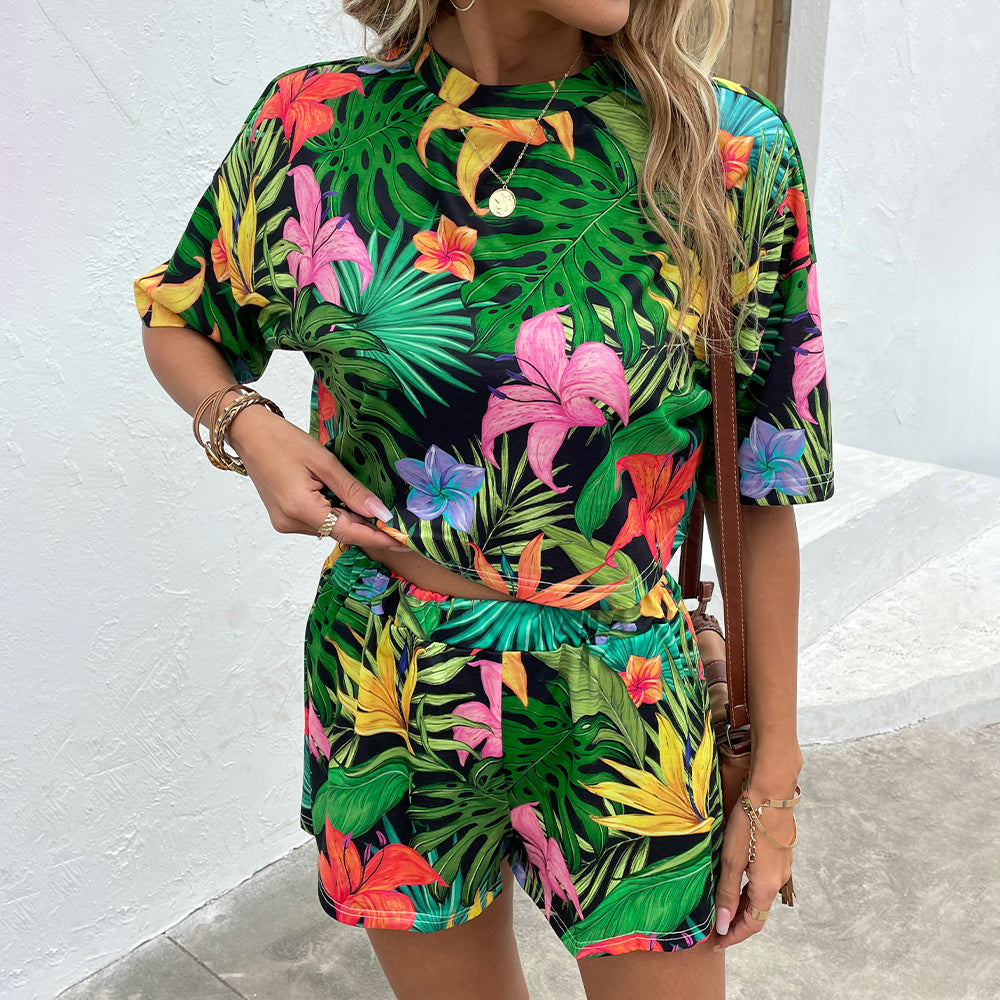 Tropical Print Dropped Shoulder Top and Shorts Set