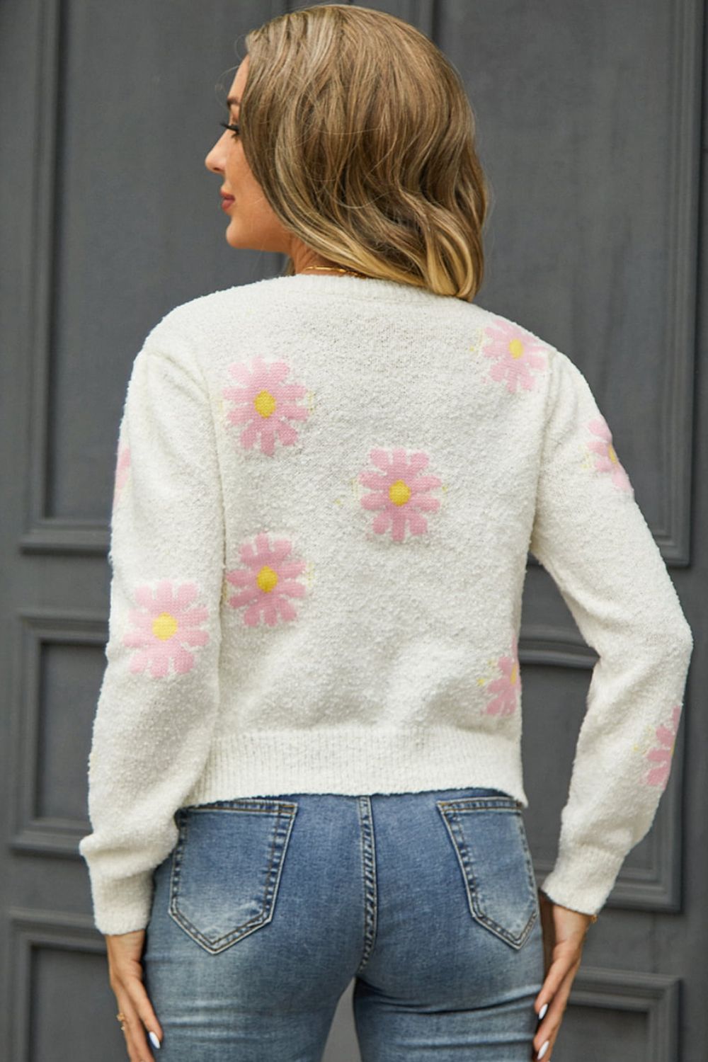 Flower Pattern Short Sleeve Pullover Sweater