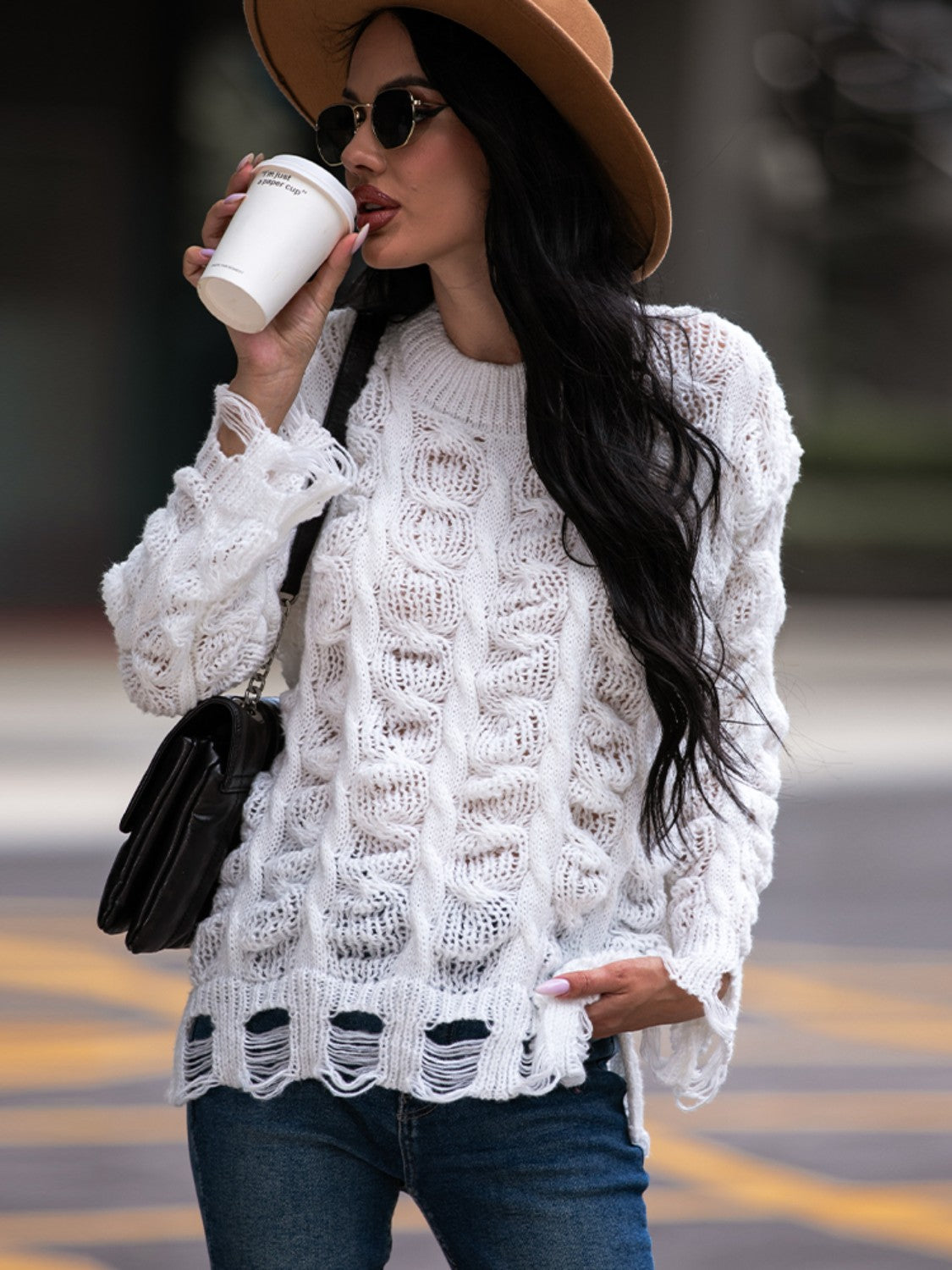 Cable-Knit Distressed Sweater