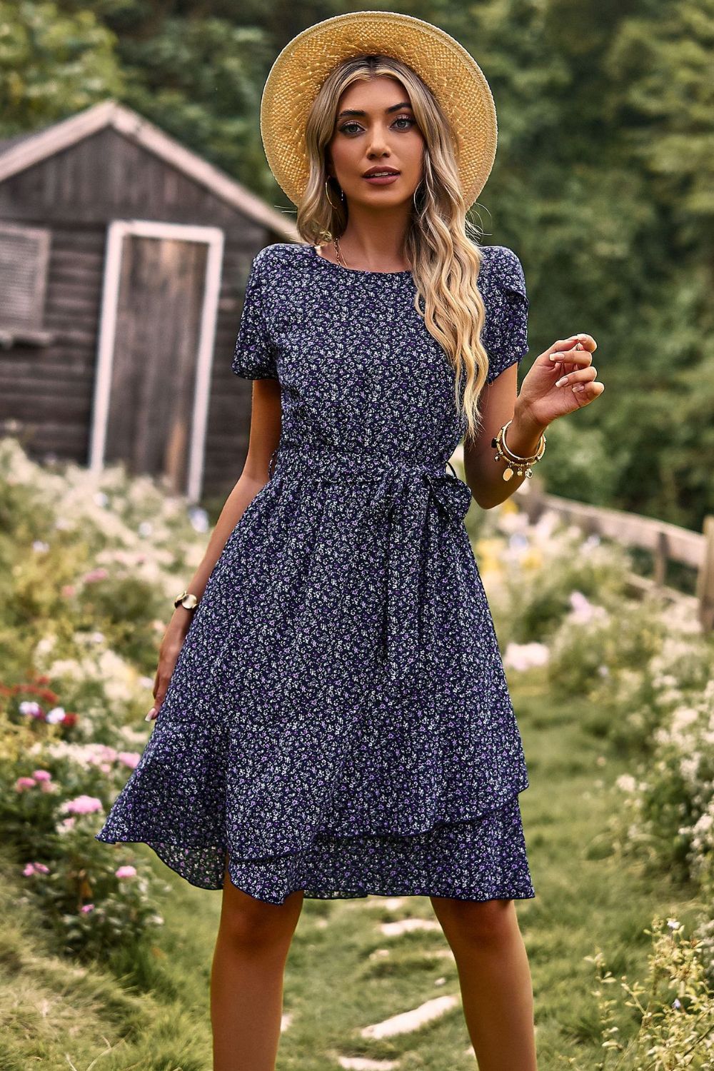 Floral Elegance - Belted Round Neck Petal Sleeve Mini Dress for Chic Occasions Navy Front