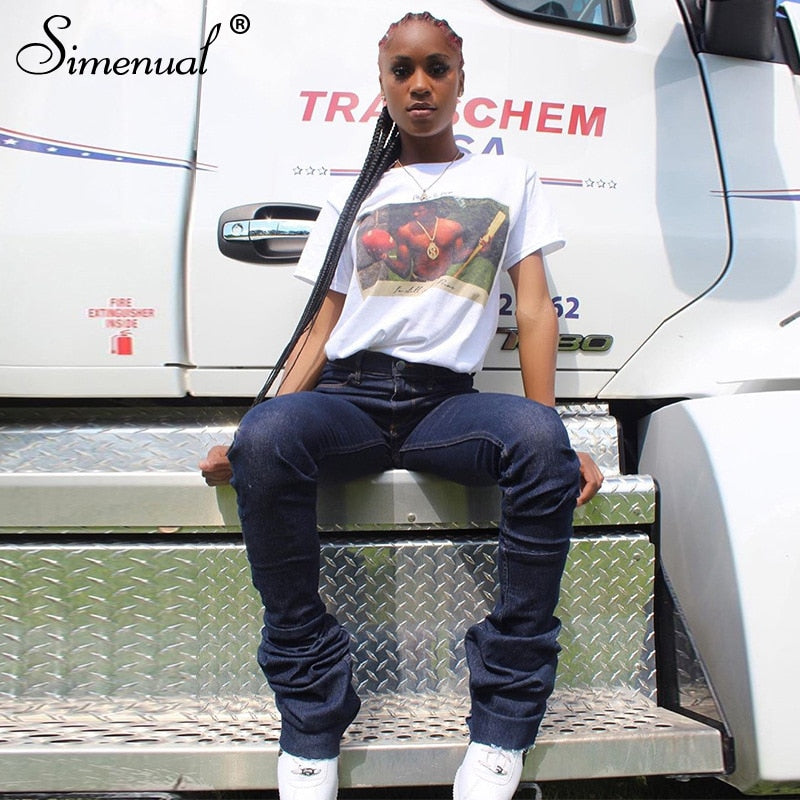 Simenual Ruched Denim Blue High Wait Stacked Pants