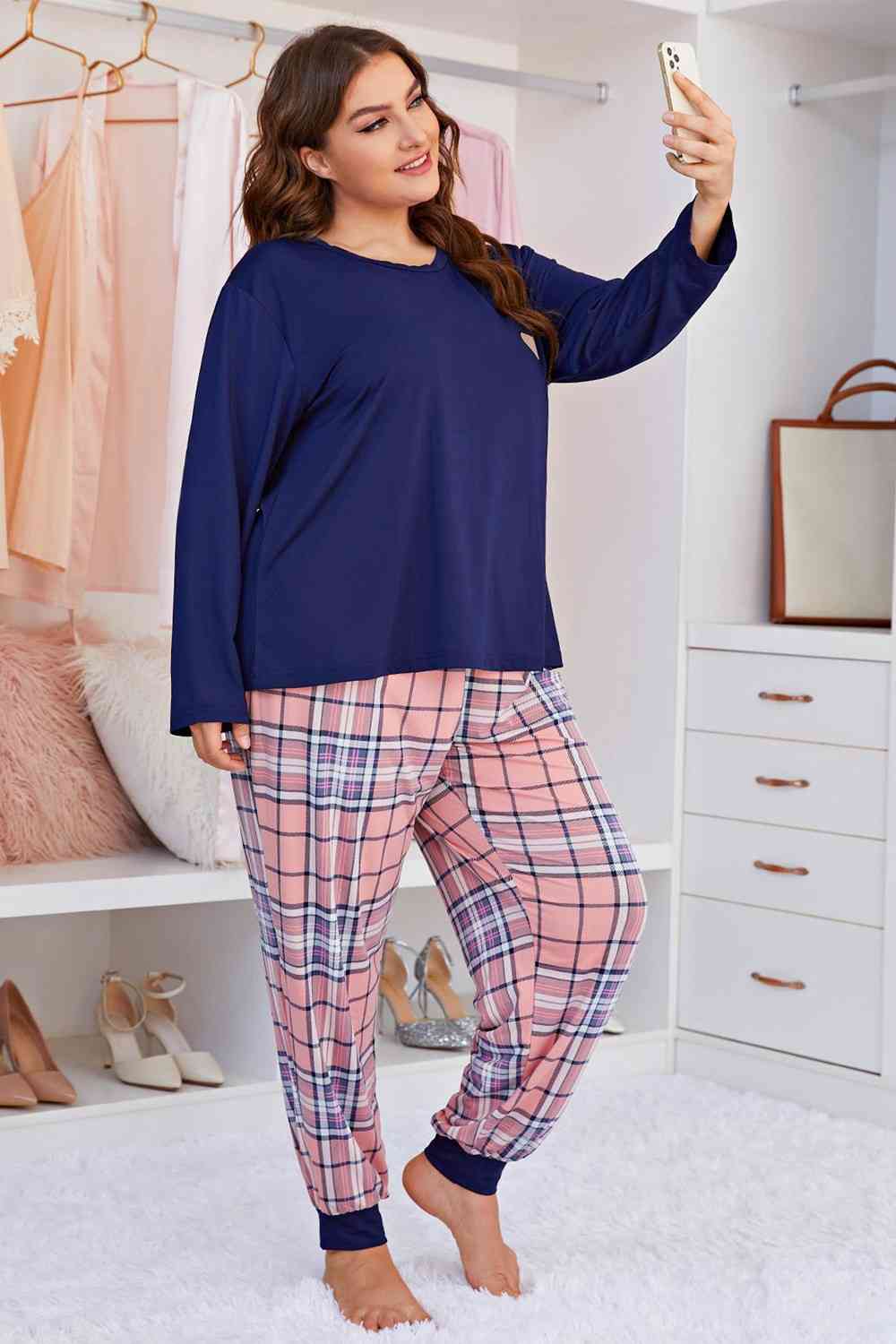 Heart Graphic Top and Plaid Joggers Lounge Set