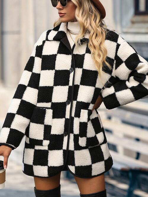 Double Take Checkered Button Front Coat