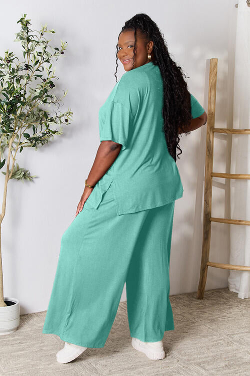 Double Take Round Neck Slit Top and Pants Set