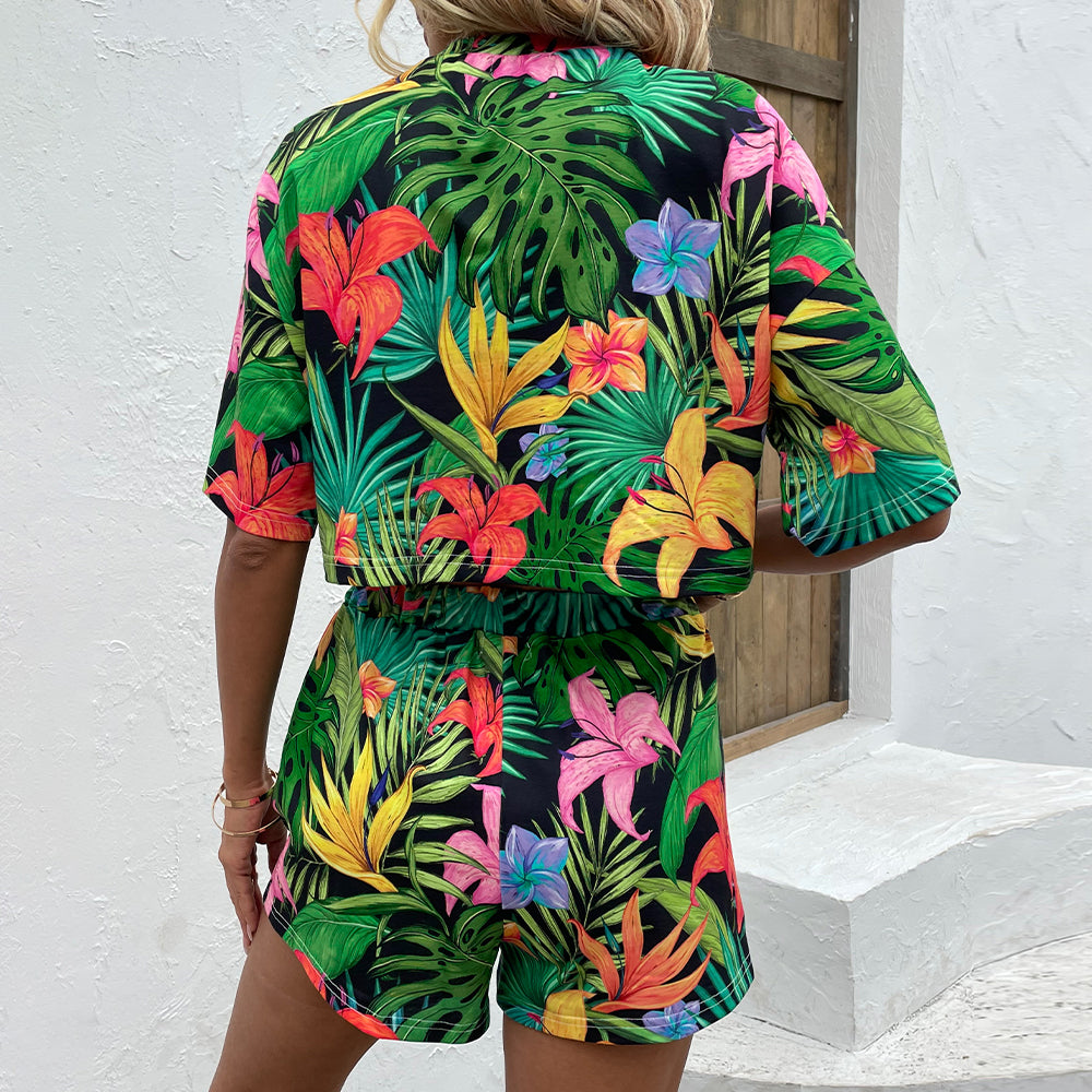 Tropical Print Dropped Shoulder Top and Shorts Set