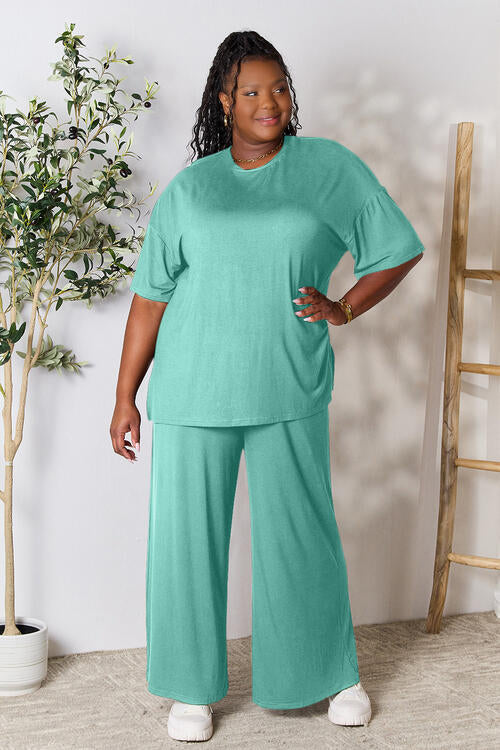 Double Take Round Neck Slit Top and Pants Set