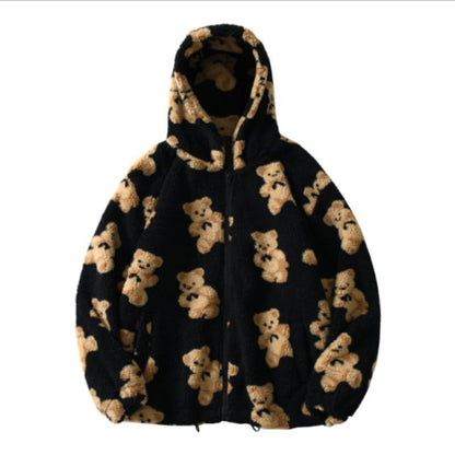 Fleece Hooded Bear Print Jacket