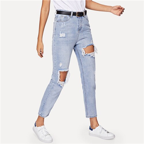 ROMWE Women Cut Out Ripped Jeans, Blue Denim Trousers