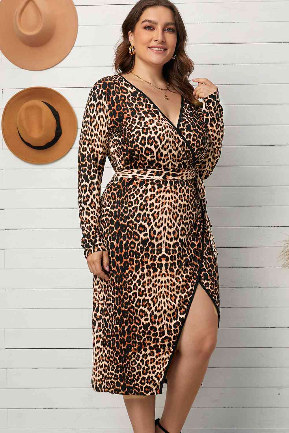 Plus Size Leopard Belted Surplice Wrap Dress